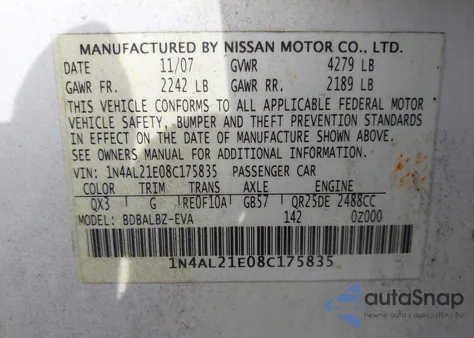 2008 Nissan Altima 2.5 S из США, поврежденный, VIN 1N4AL21E08C175835